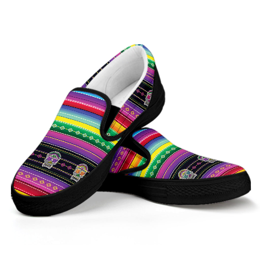 Sugar Skull Mexican Serape Pattern Print Black Slip On Shoes