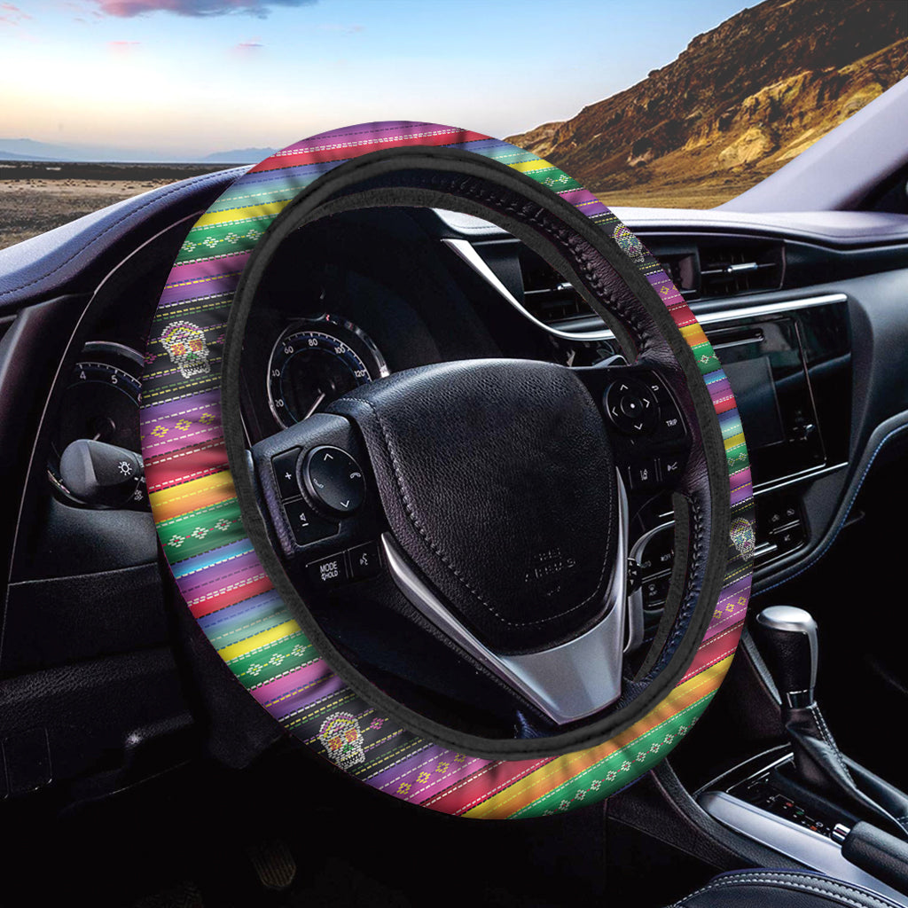 Sugar Skull Mexican Serape Pattern Print Car Steering Wheel Cover