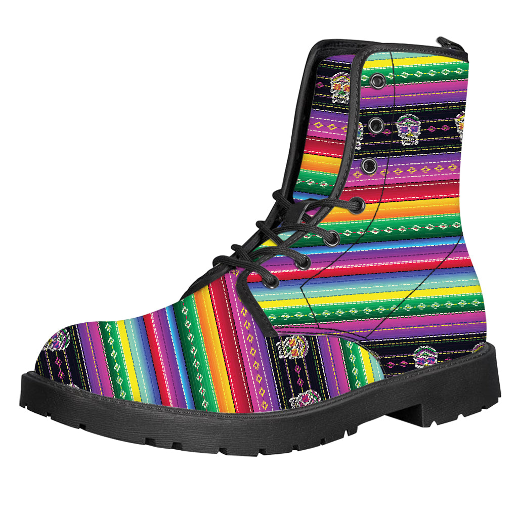 Sugar Skull Mexican Serape Pattern Print Leather Boots