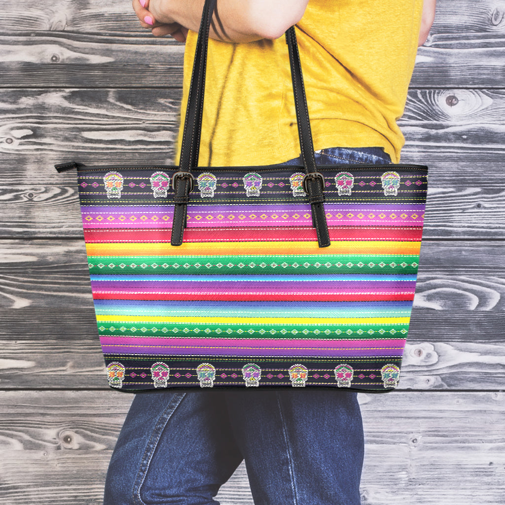 Sugar Skull Mexican Serape Pattern Print Leather Tote Bag