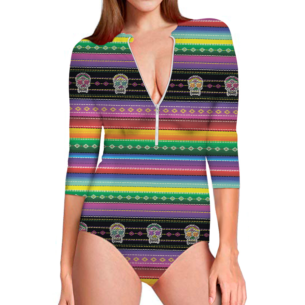 Sugar Skull Mexican Serape Pattern Print Long Sleeve One Piece Swimsuit