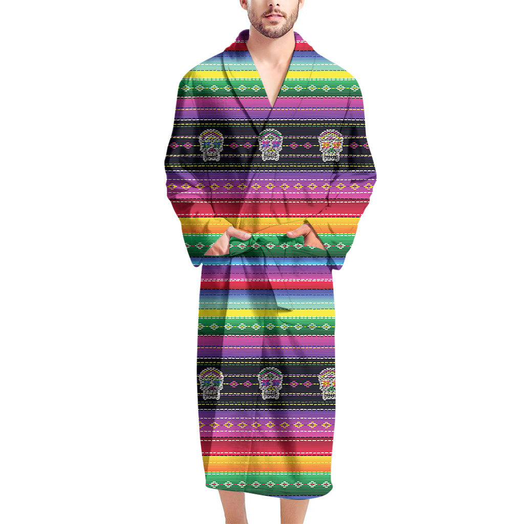 Sugar Skull Mexican Serape Pattern Print Men's Bathrobe