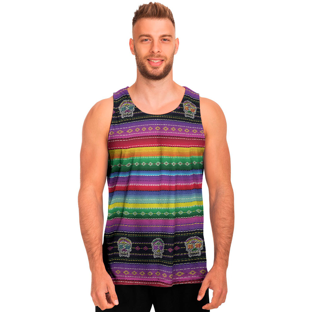 Sugar Skull Mexican Serape Pattern Print Men's Tank Top