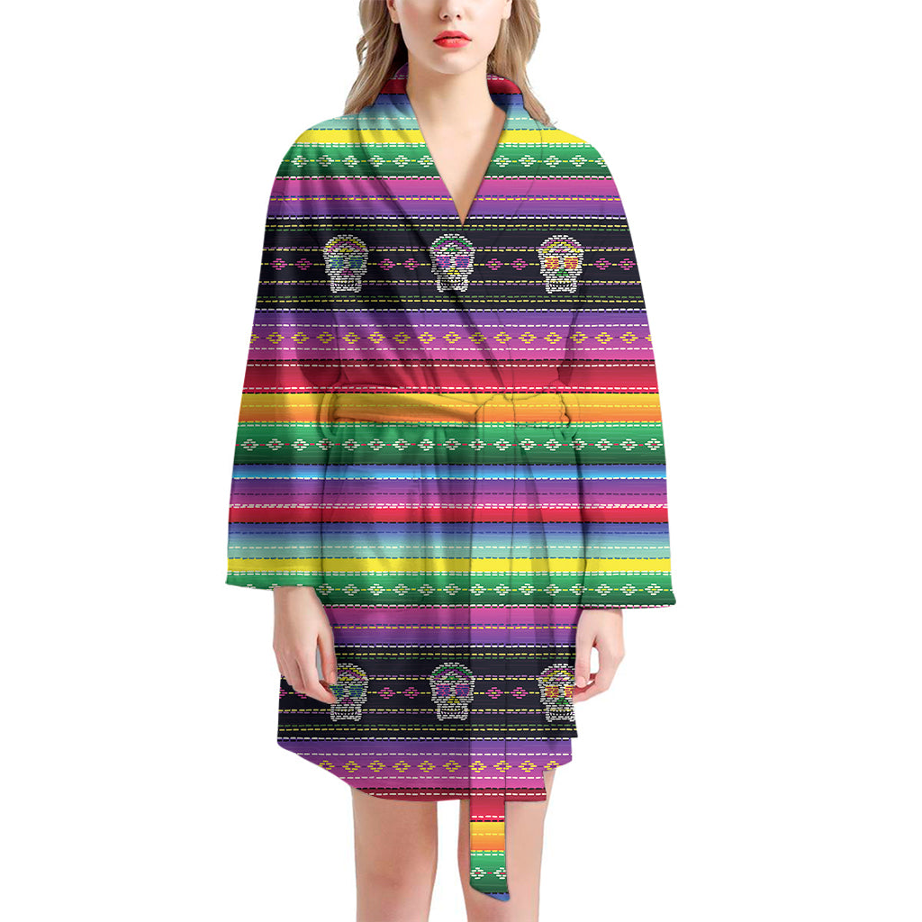 Sugar Skull Mexican Serape Pattern Print Women's Bathrobe