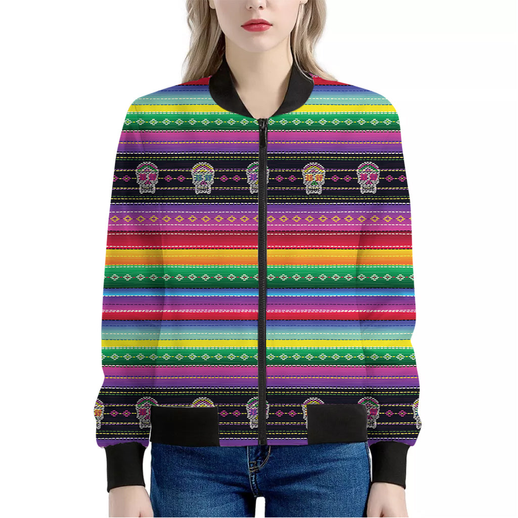 Sugar Skull Mexican Serape Pattern Print Women's Bomber Jacket