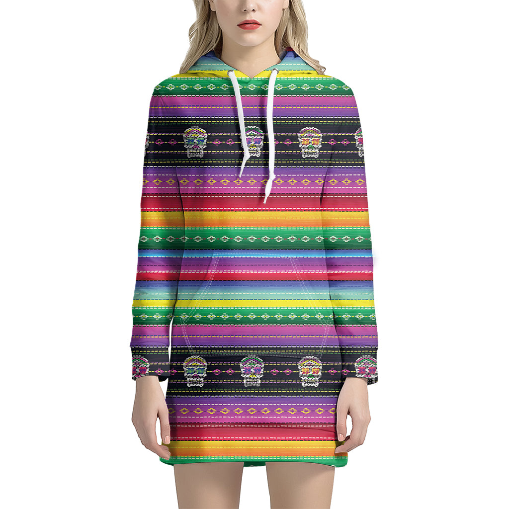 Sugar Skull Mexican Serape Pattern Print Women's Pullover Hoodie Dress