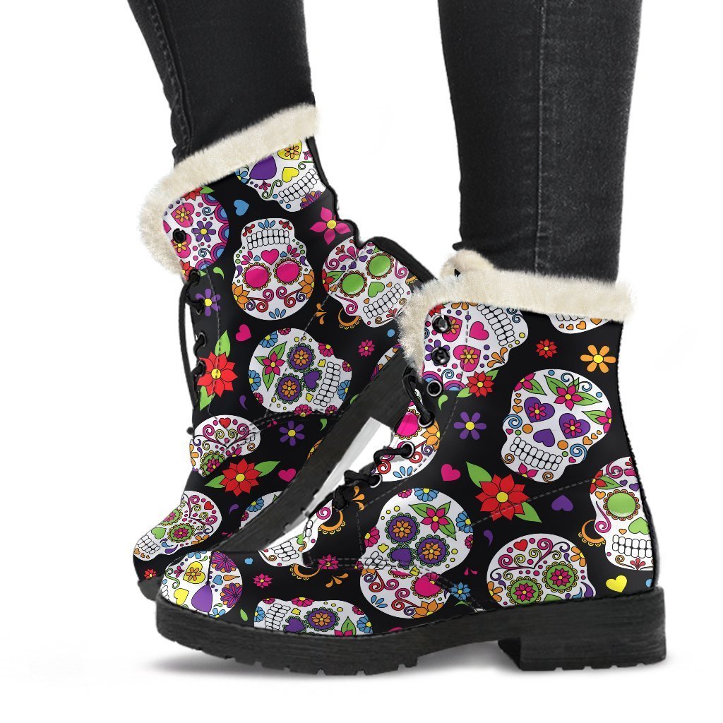 Sugar Skull Pattern Print Faux Fur Leather Boots