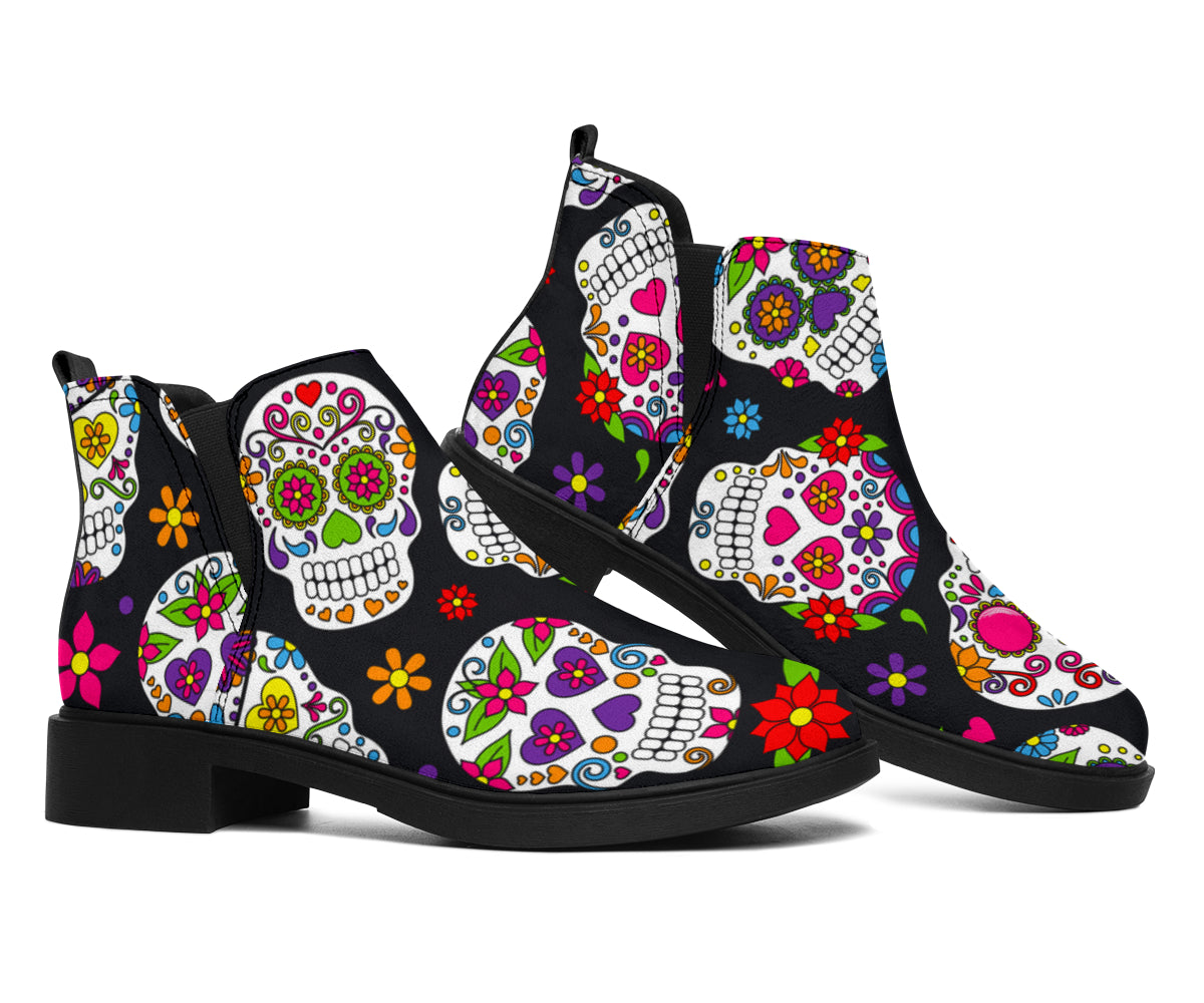 Sugar Skull Pattern Print Flat Ankle Boots