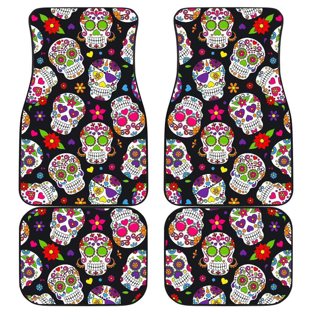 Sugar Skull Pattern Print Front and Back Car Floor Mats