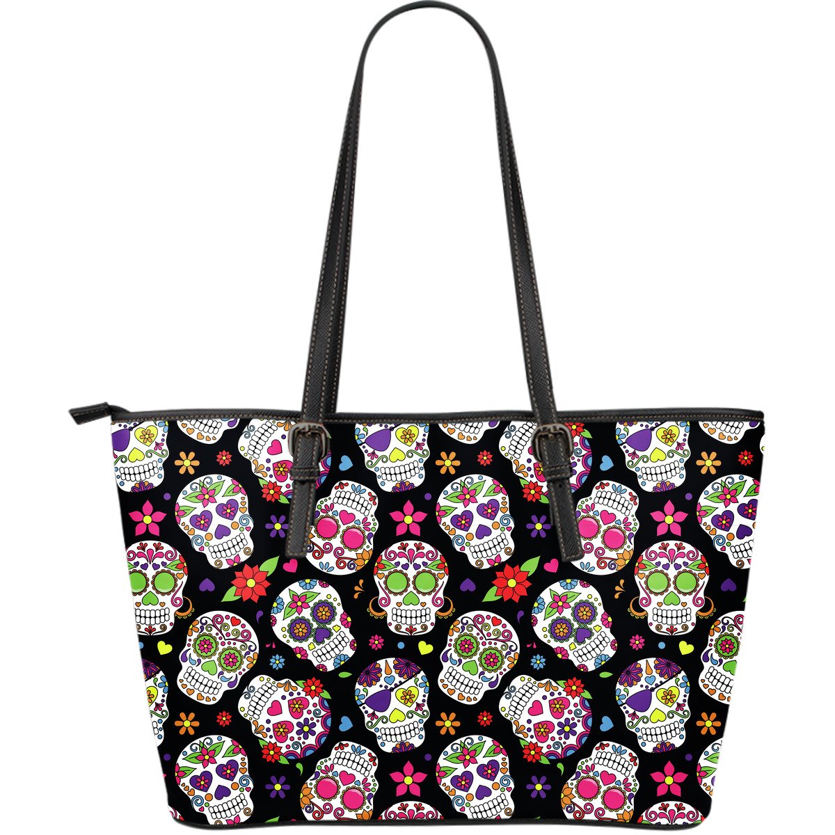 Sugar Skull Pattern Print Leather Tote Bag