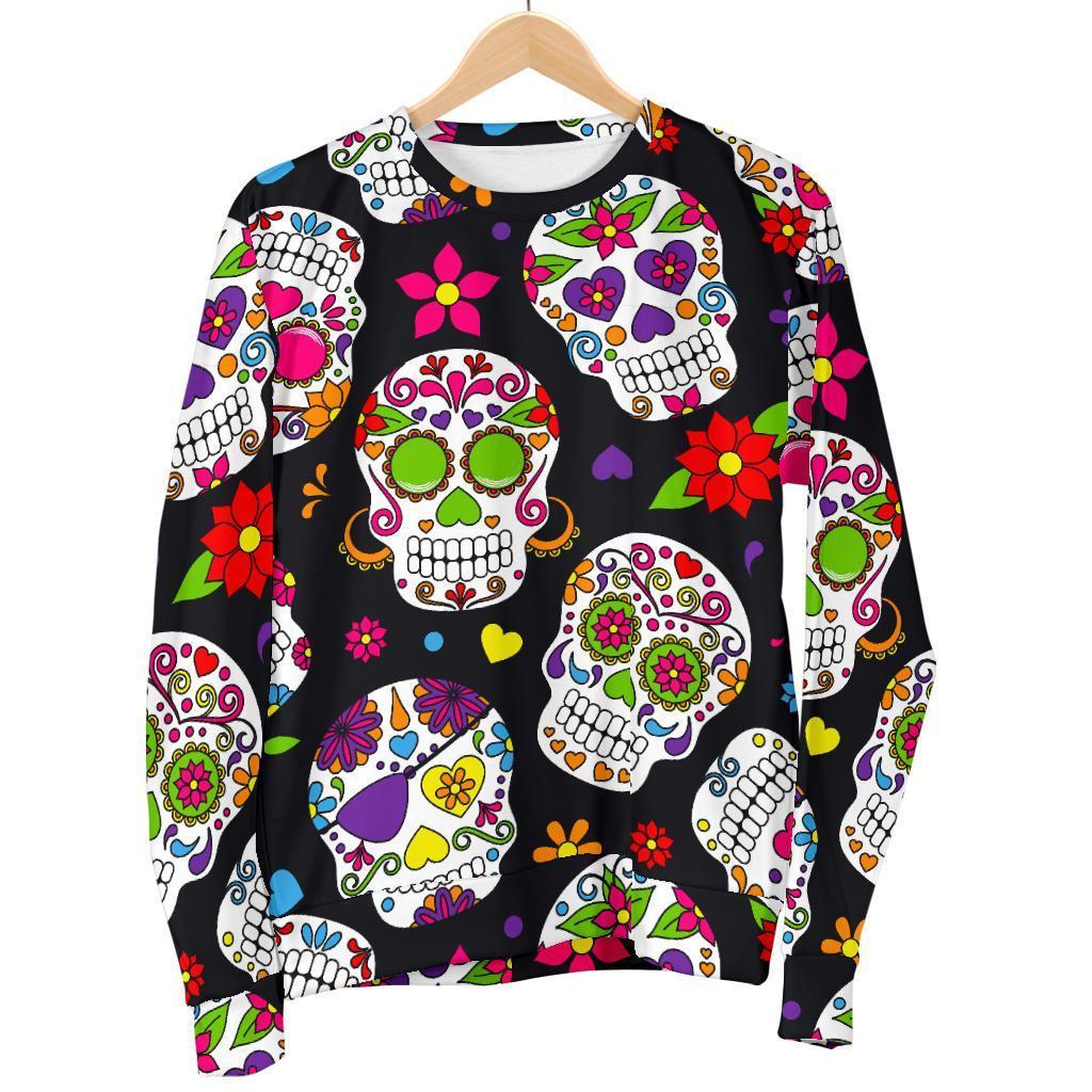 Sugar Skull Pattern Print Men's Crewneck Sweatshirt