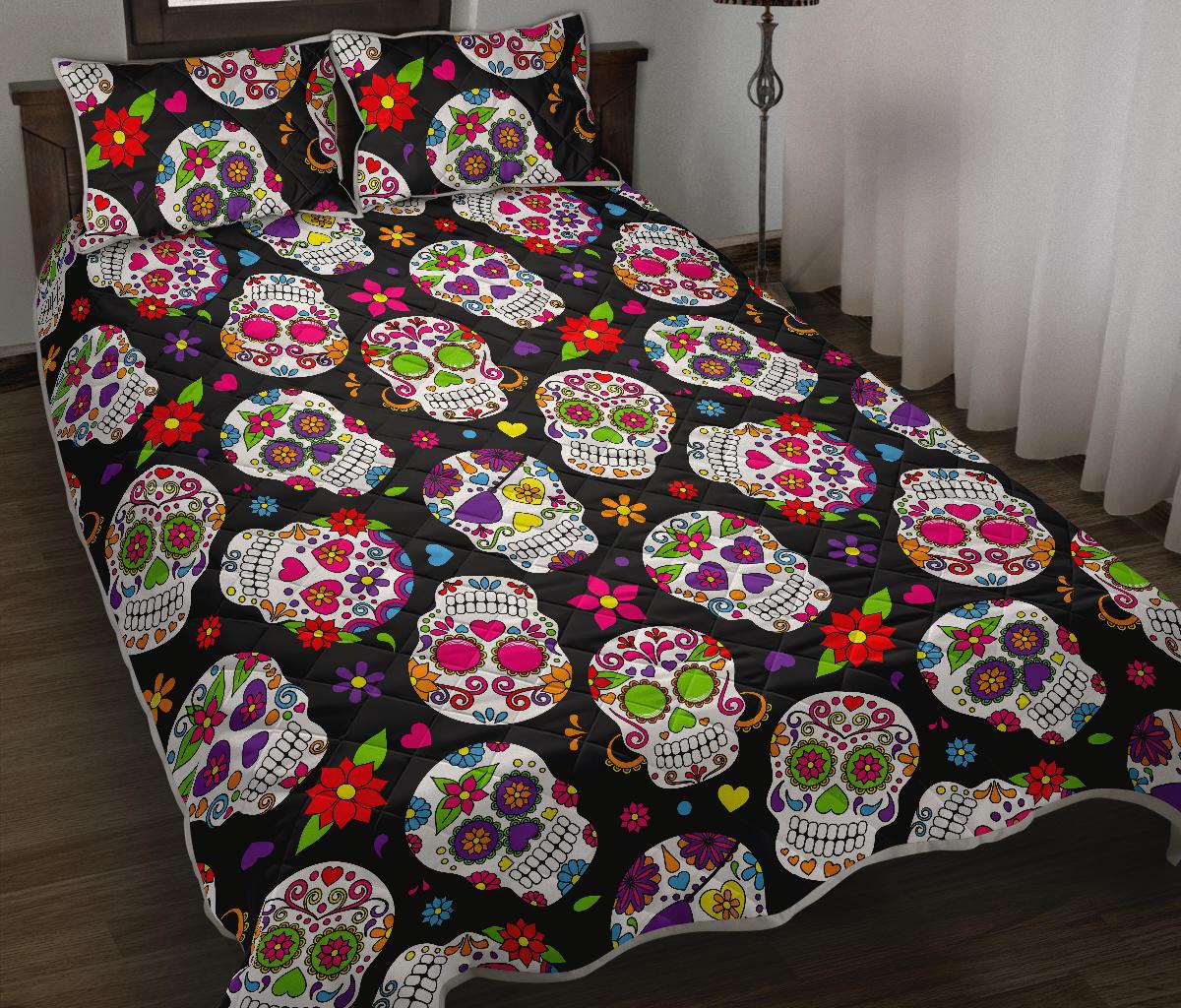 Sugar Skull Pattern Print Quilt Bed Set