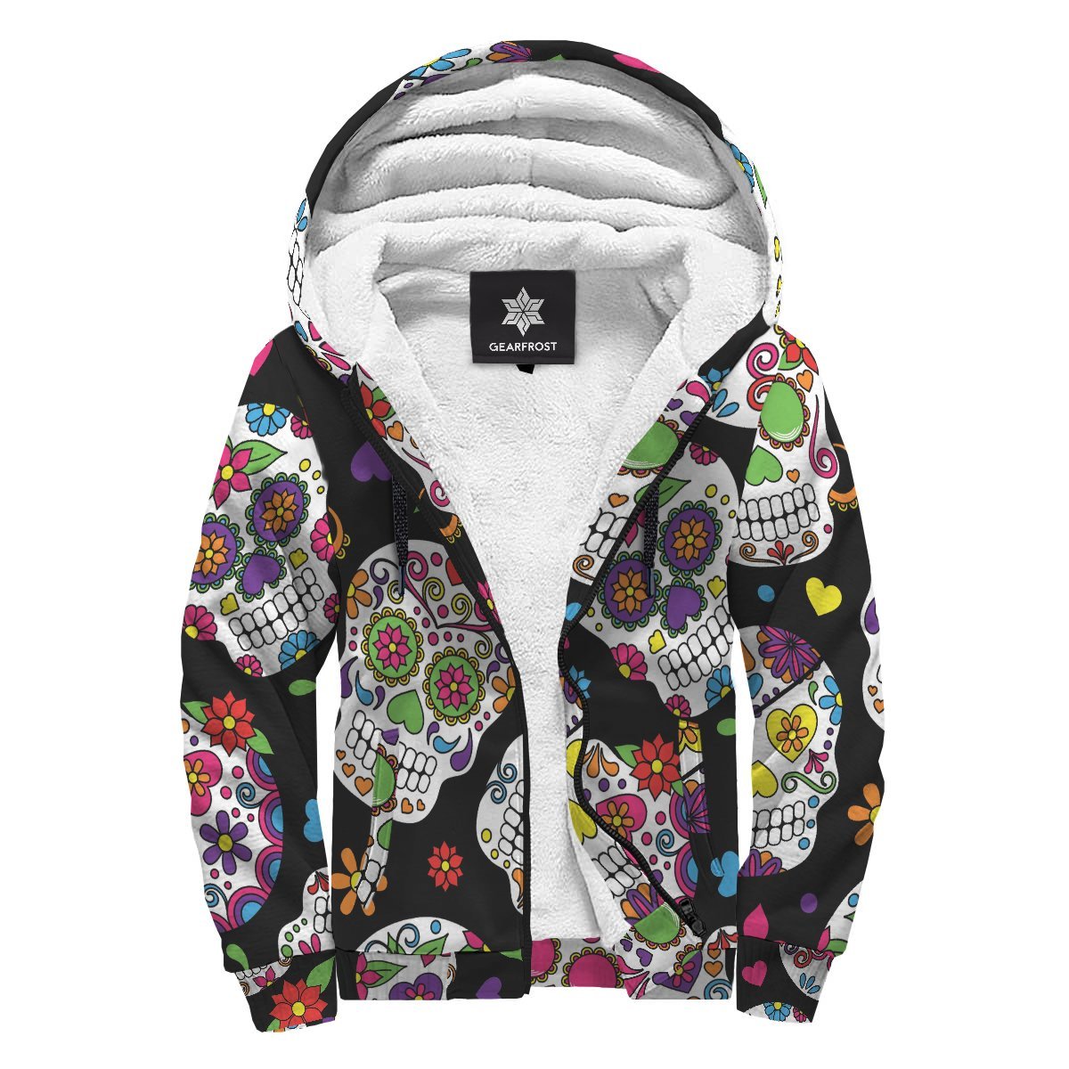 Sugar Skull Pattern Print Sherpa Lined Fleece Hoodie