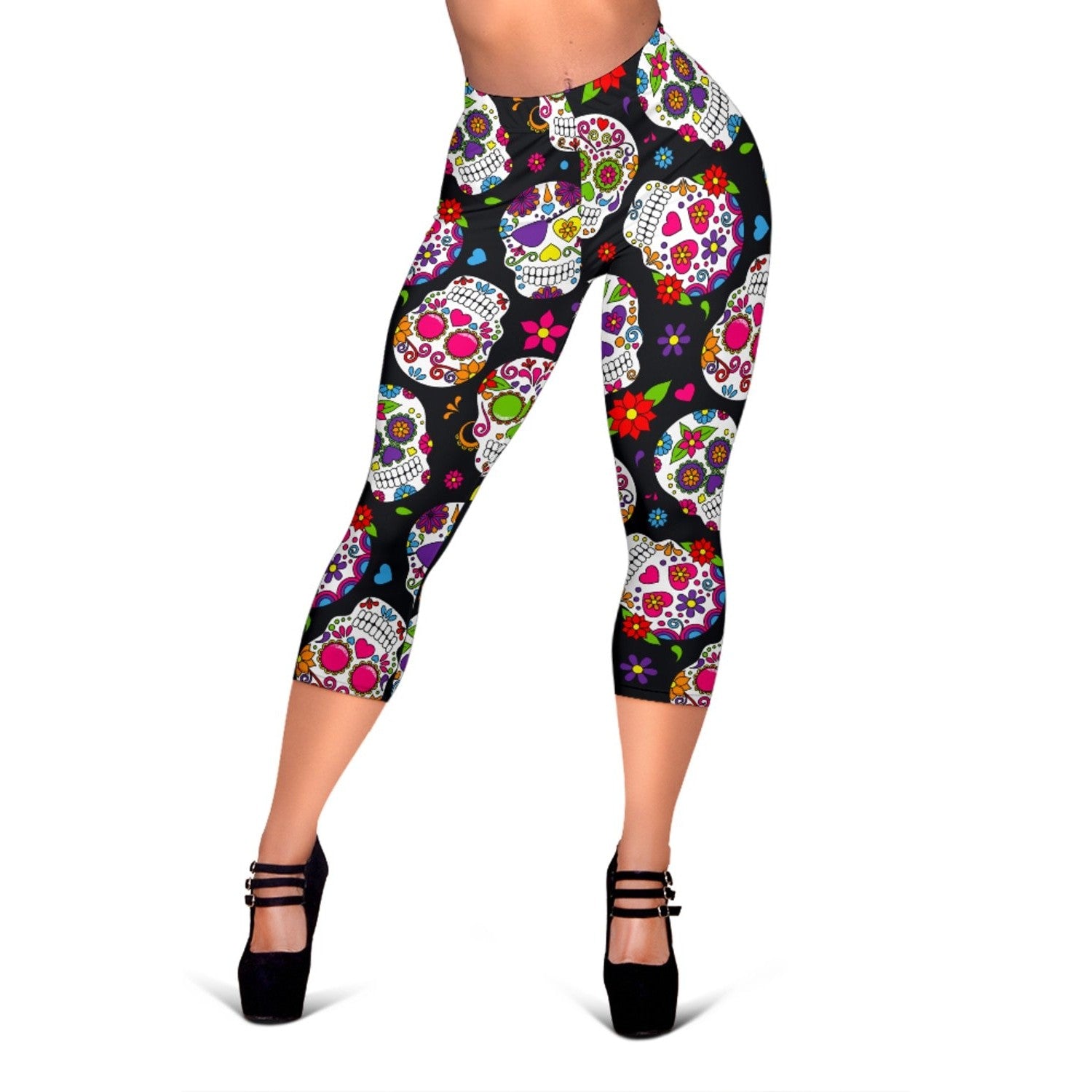 Sugar Skull Pattern Print Women's Capri Leggings