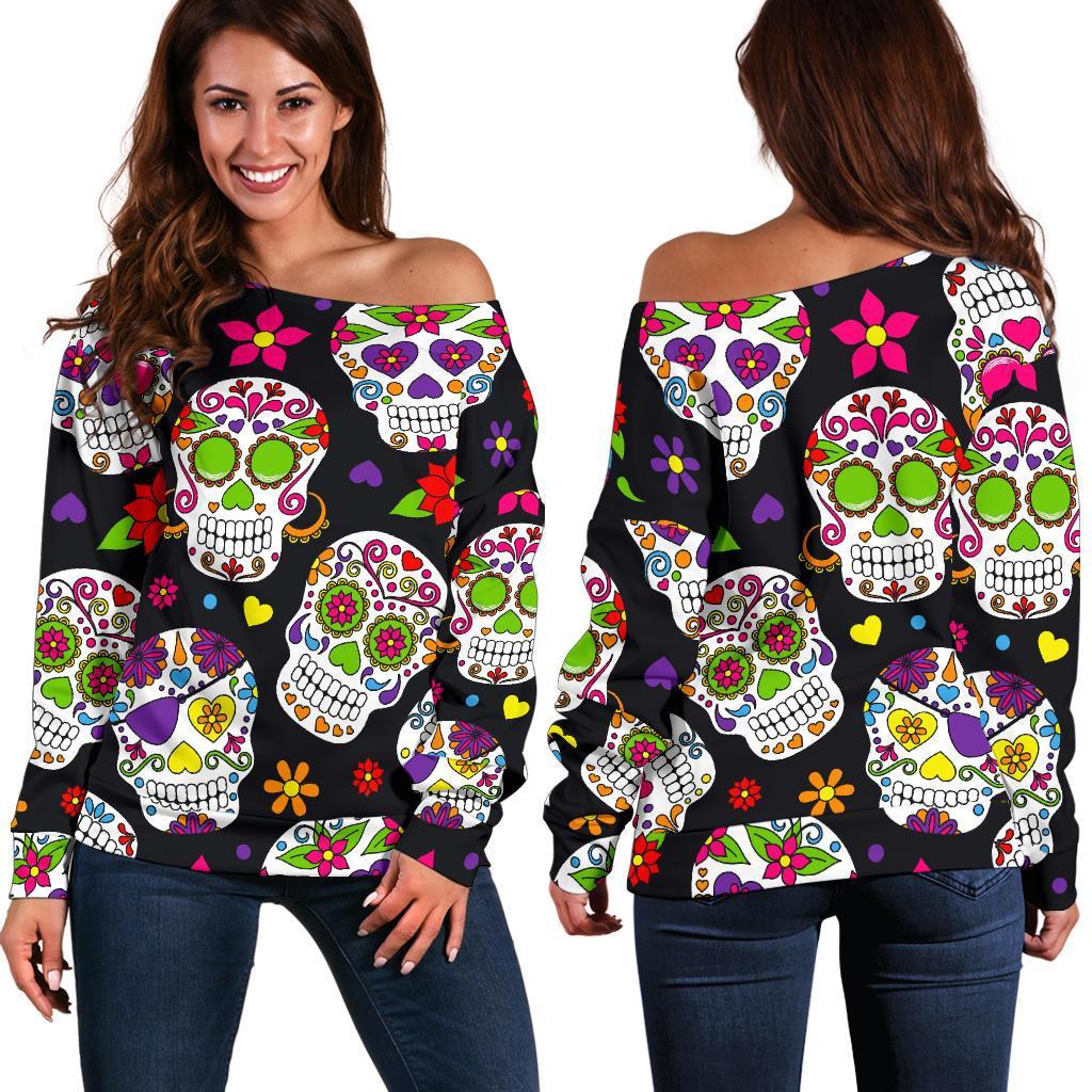 Sugar Skull Pattern Print Women's Off-Shoulder Sweatshirt