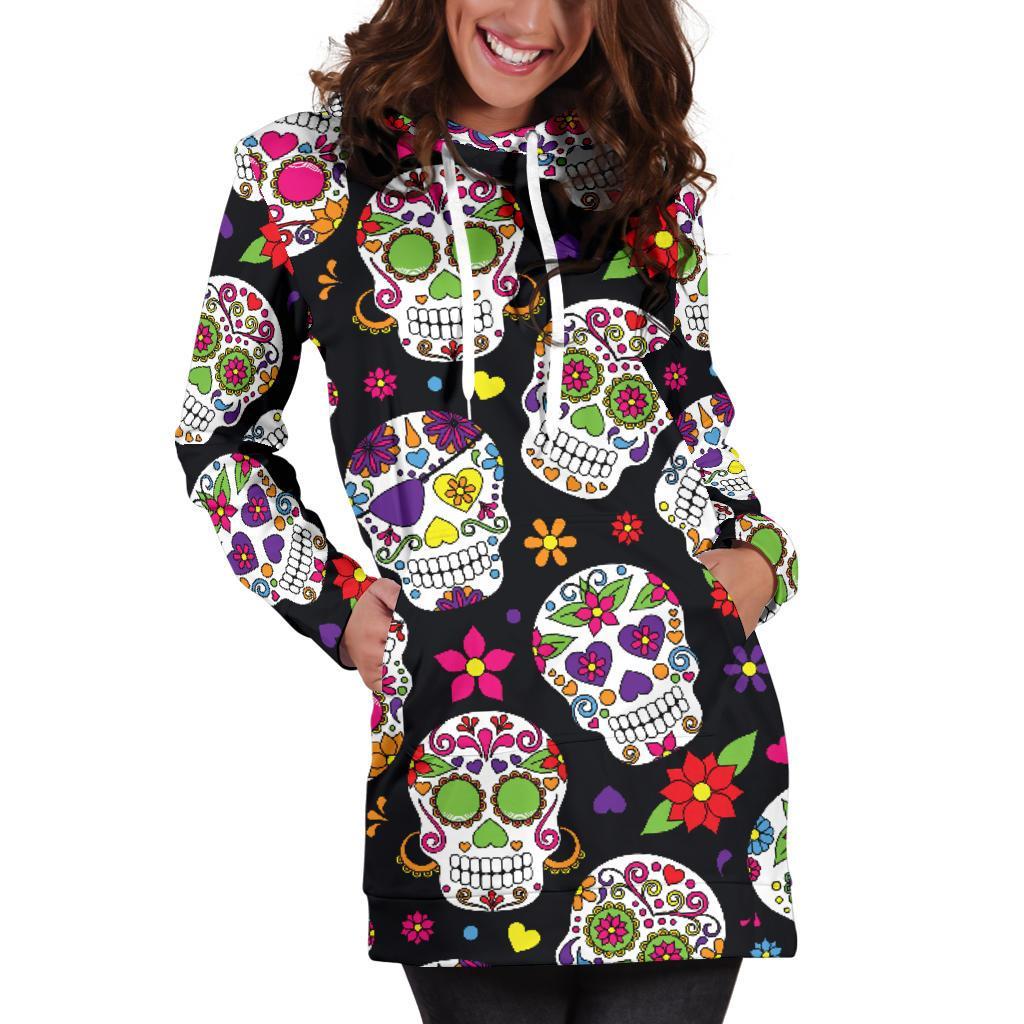 Sugar Skull Pattern Print Women's Pullover Hoodie Dress