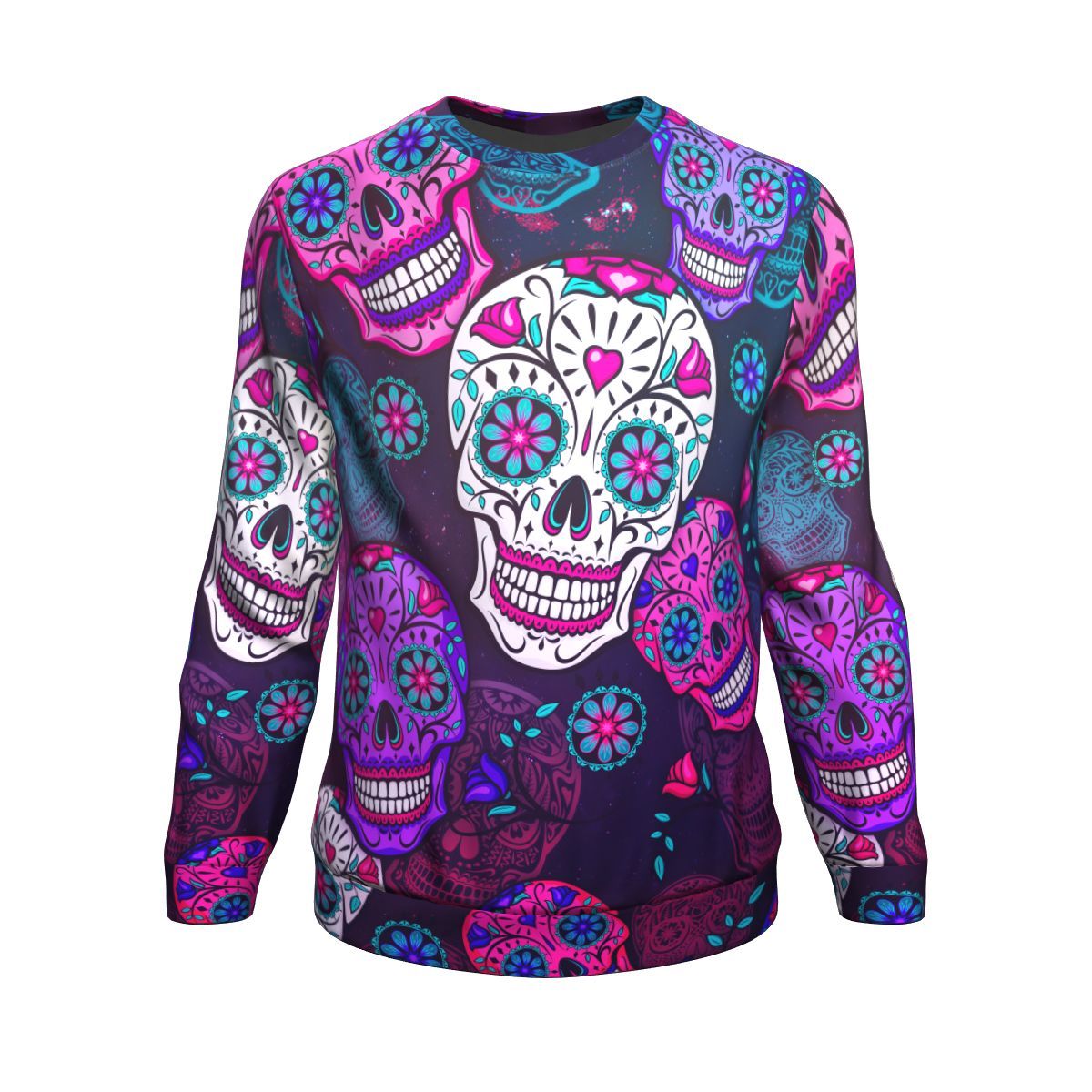 Sugar Skull Purple Teal Pattern Print Crewneck Sweatshirt