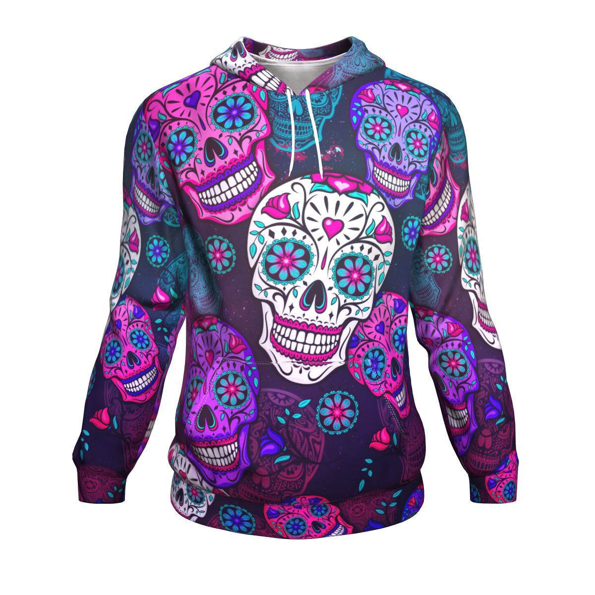 Sugar Skull Purple Teal Pattern Print Pullover Hoodie