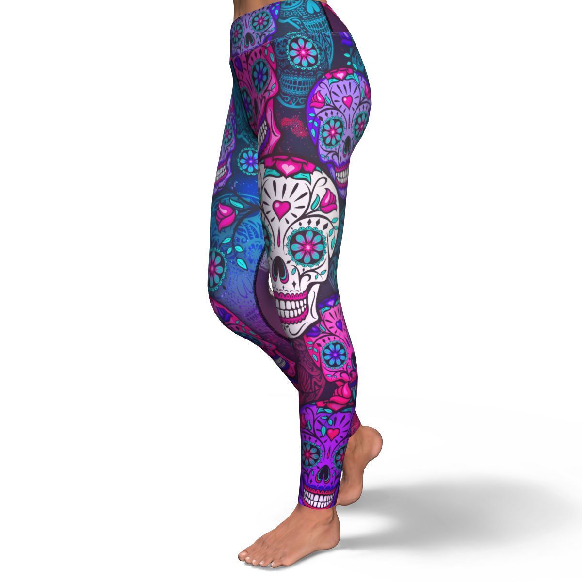 Sugar Skull Purple Teal Pattern Print Women's Yoga Pants