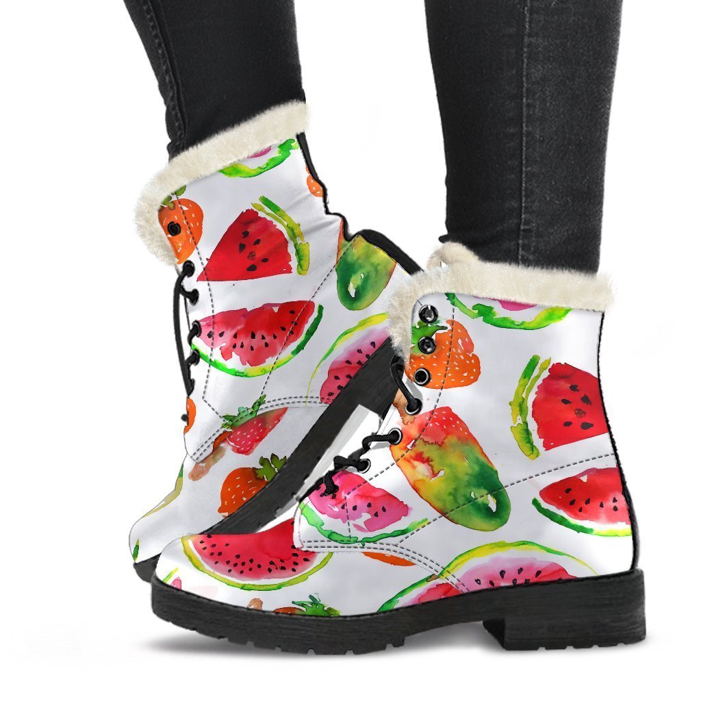 Summer Fruits Watermelon Pattern Print Faux Fur Leather Boots