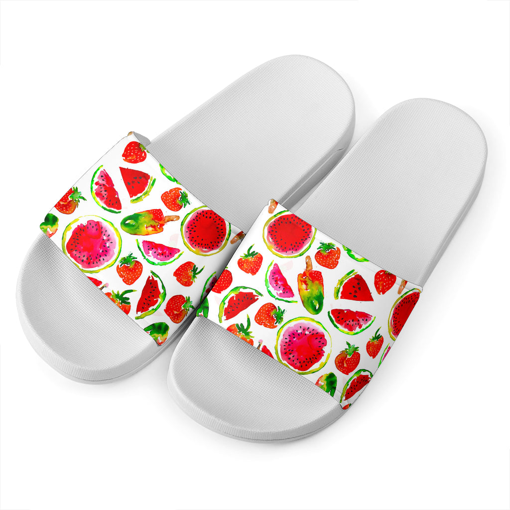 Summer Fruits Watermelon Pattern Print White Slide Sandals