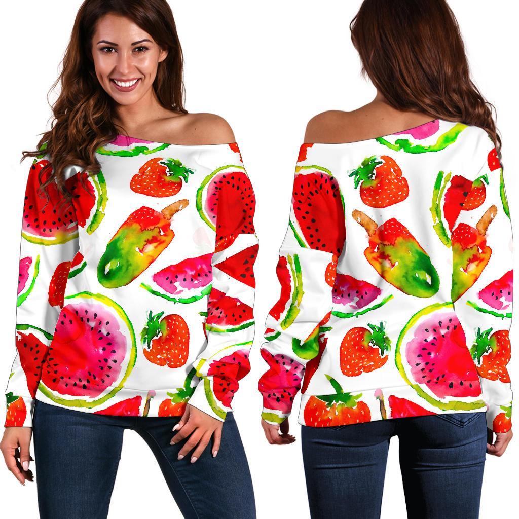 Summer Fruits Watermelon Pattern Print Women's Off-Shoulder Sweatshirt