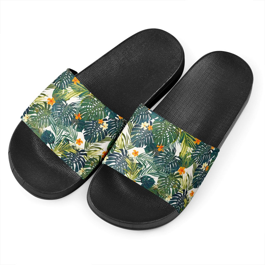 Summer Hawaiian Leaves Pattern Print Black Slide Sandals