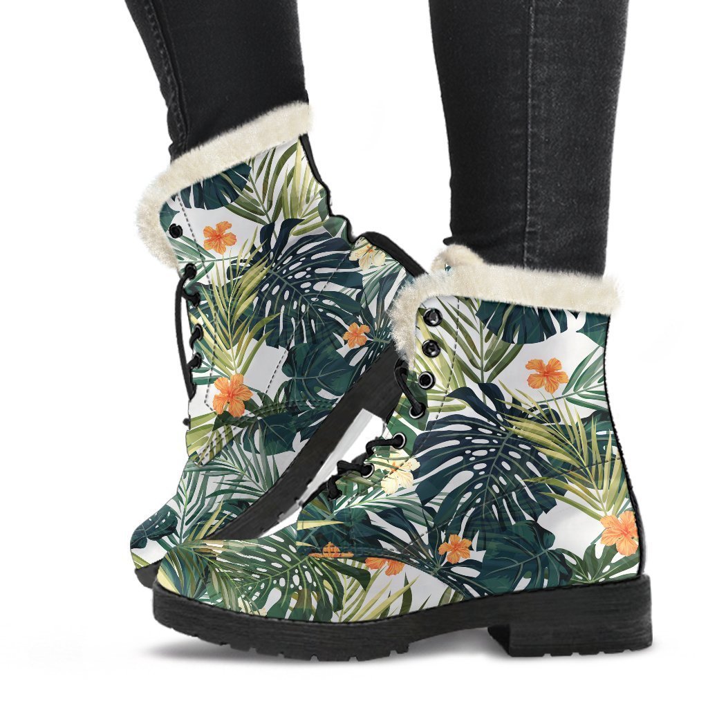 Summer Hawaiian Leaves Pattern Print Faux Fur Leather Boots