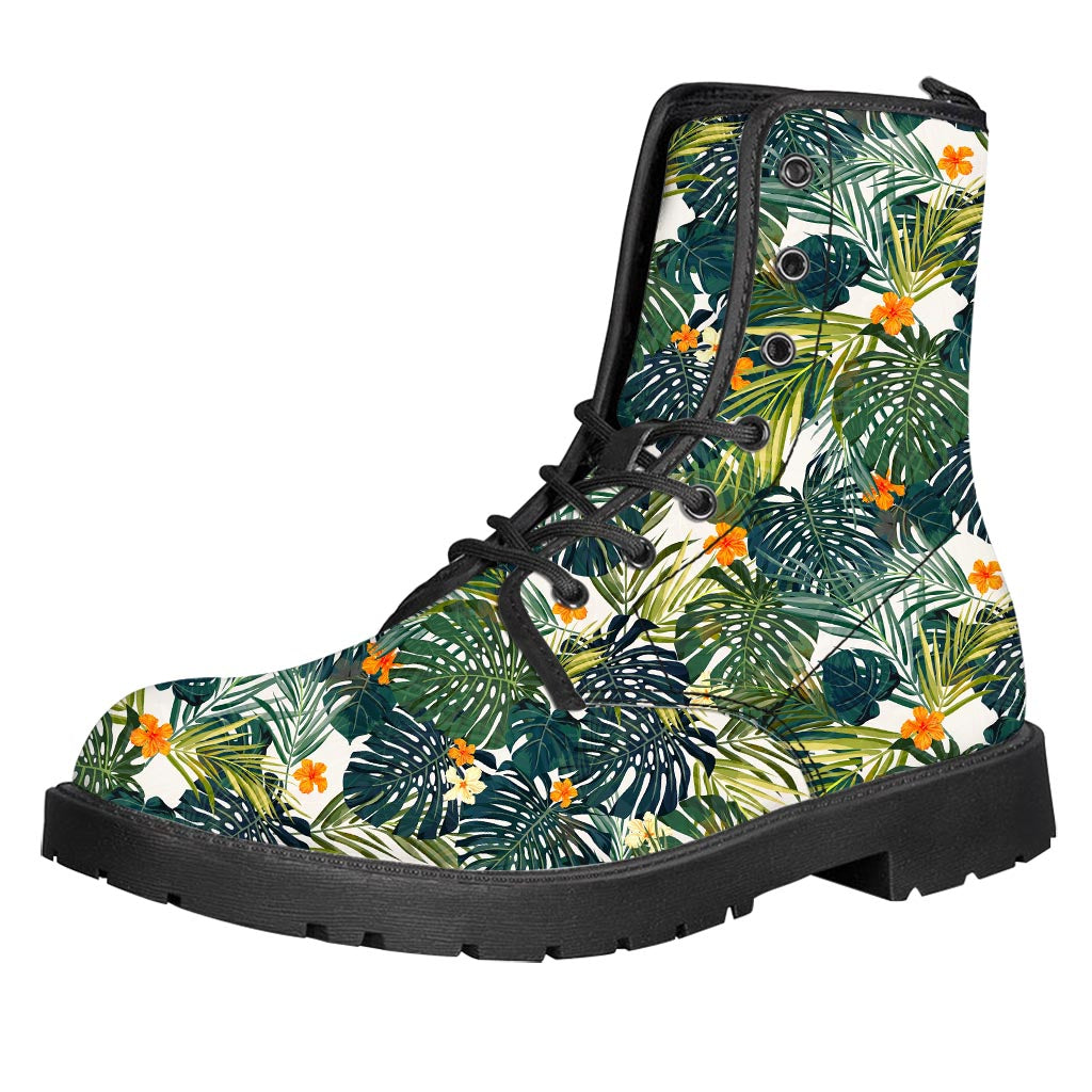 Summer Hawaiian Leaves Pattern Print Leather Boots