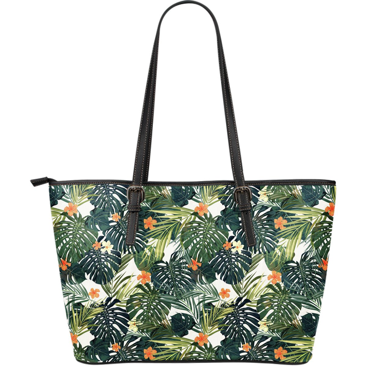 Summer Hawaiian Leaves Pattern Print Leather Tote Bag