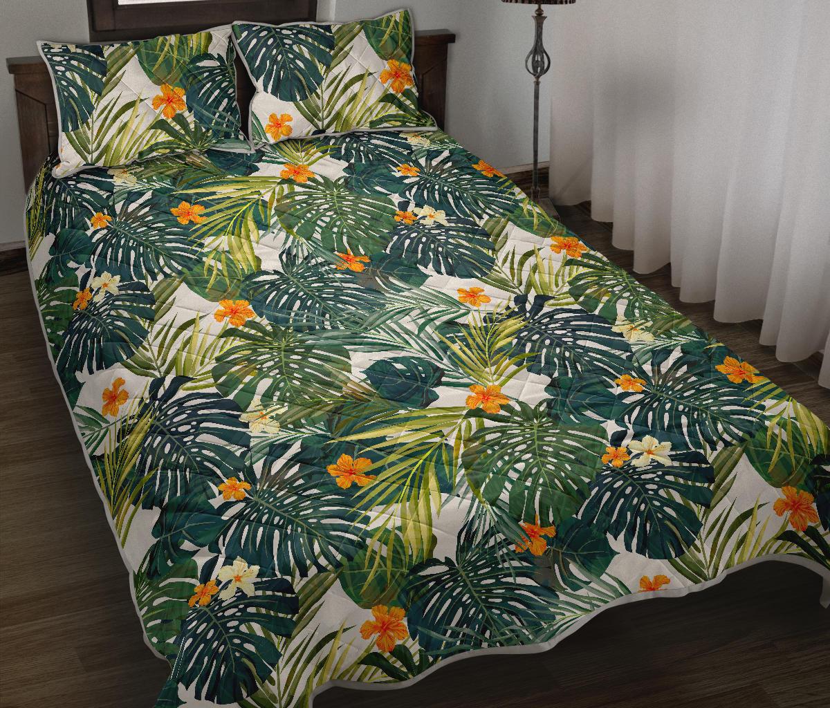 Summer Hawaiian Leaves Pattern Print Quilt Bed Set