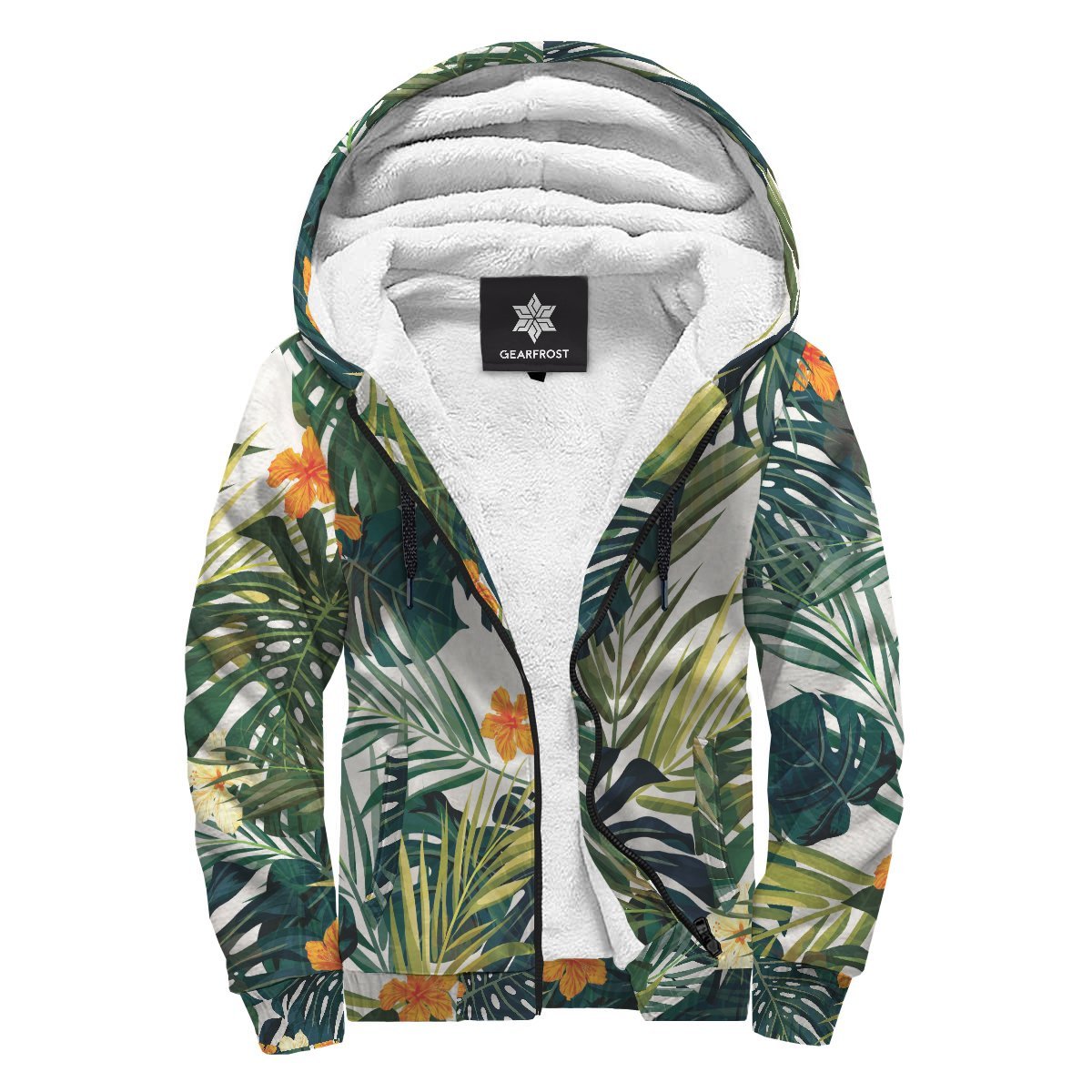 Summer Hawaiian Leaves Pattern Print Sherpa Lined Fleece Hoodie