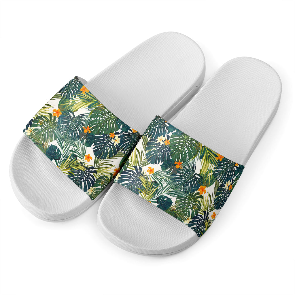 Summer Hawaiian Leaves Pattern Print White Slide Sandals