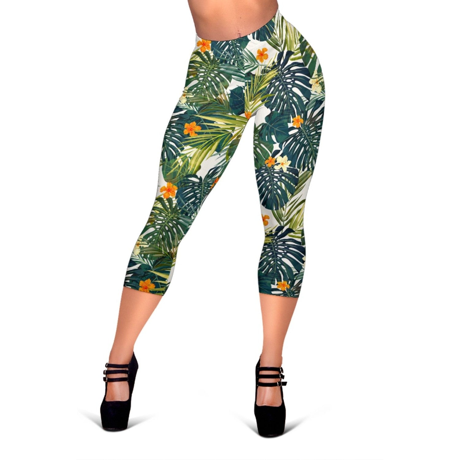 Summer Hawaiian Leaves Pattern Print Women's Capri Leggings