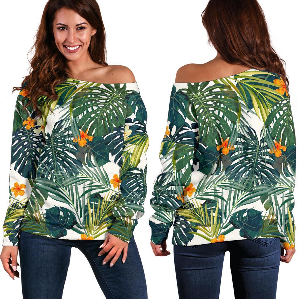 Summer Hawaiian Leaves Pattern Print Women's Off-Shoulder Sweatshirt