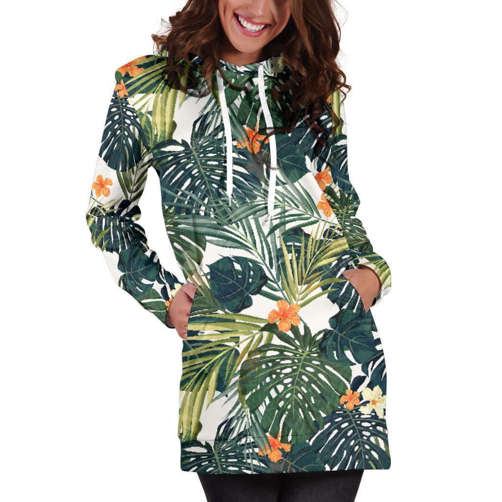 Summer Hawaiian Leaves Pattern Print Women's Pullover Hoodie Dress