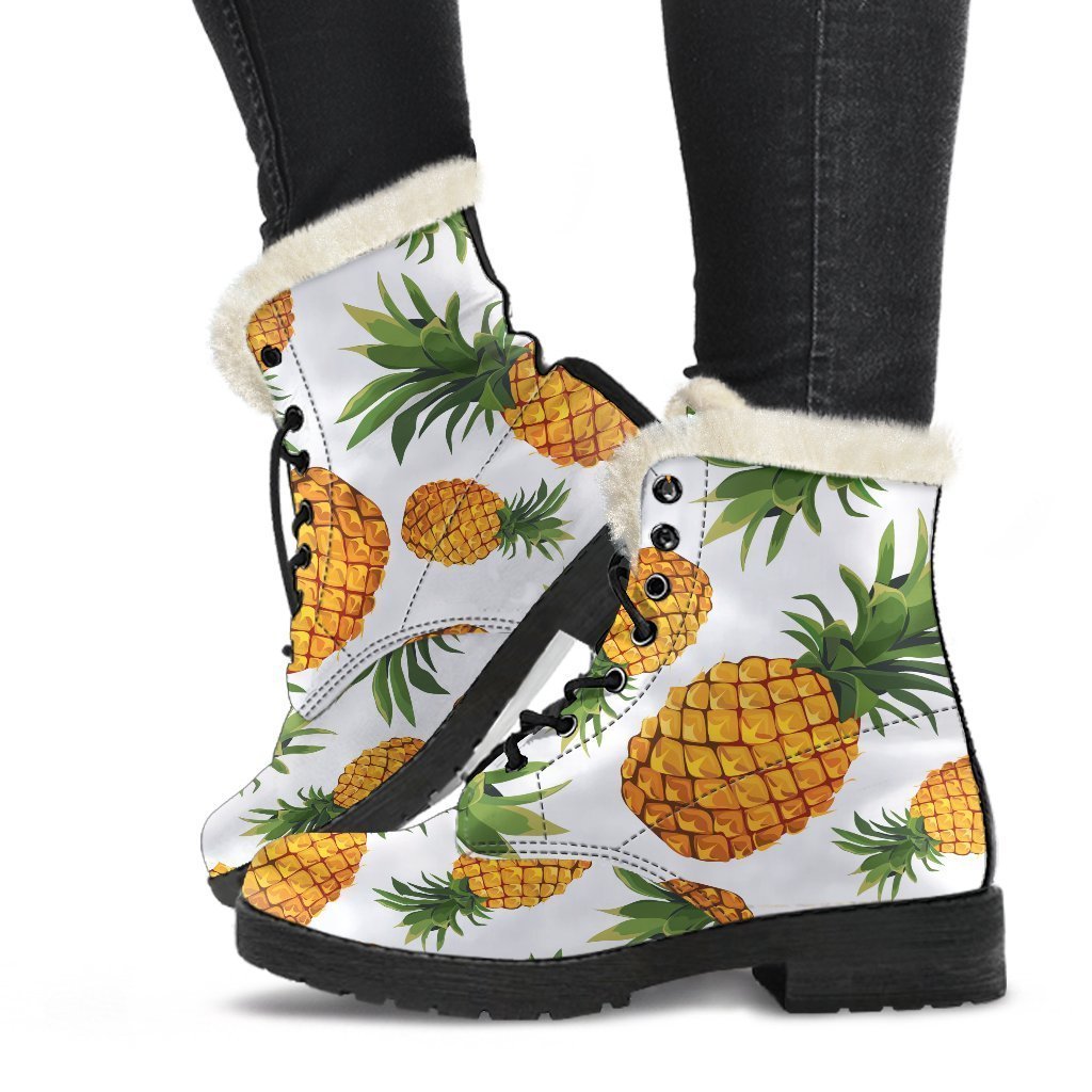 Summer Pineapple Pattern Print Faux Fur Leather Boots