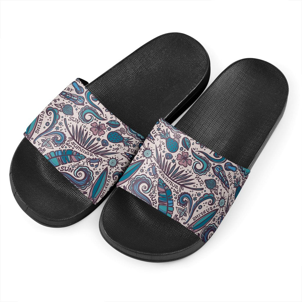 Summer Surfing Pattern Print Black Slide Sandals