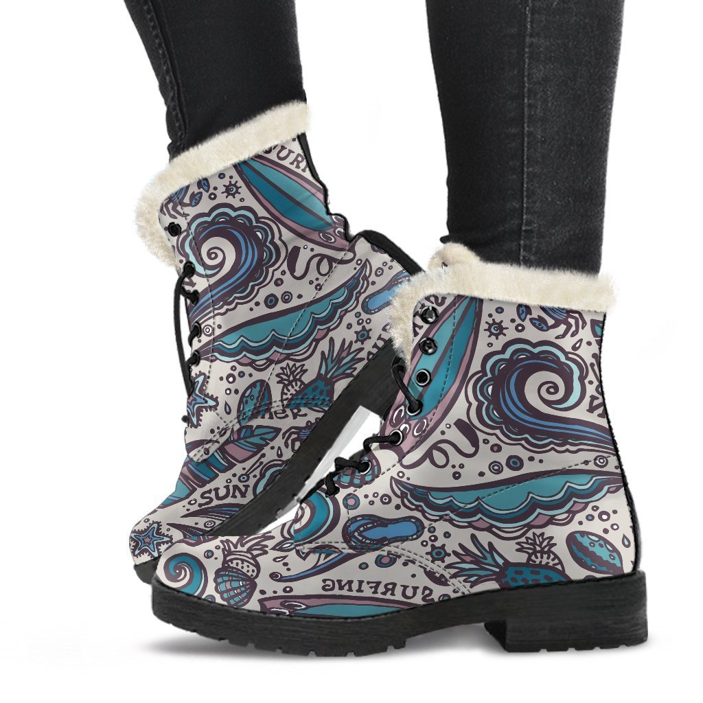 Summer Surfing Pattern Print Faux Fur Leather Boots