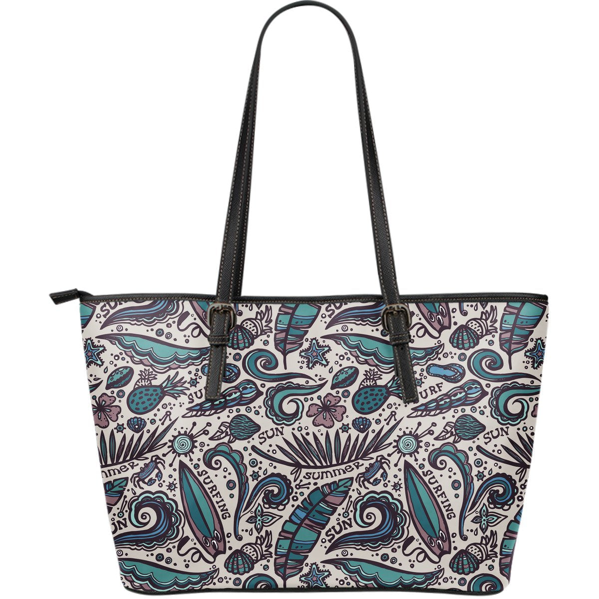 Summer Surfing Pattern Print Leather Tote Bag