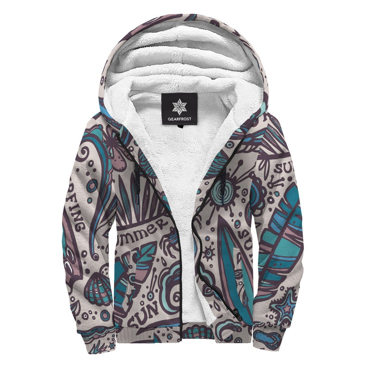 Summer Surfing Pattern Print Sherpa Lined Fleece Hoodie