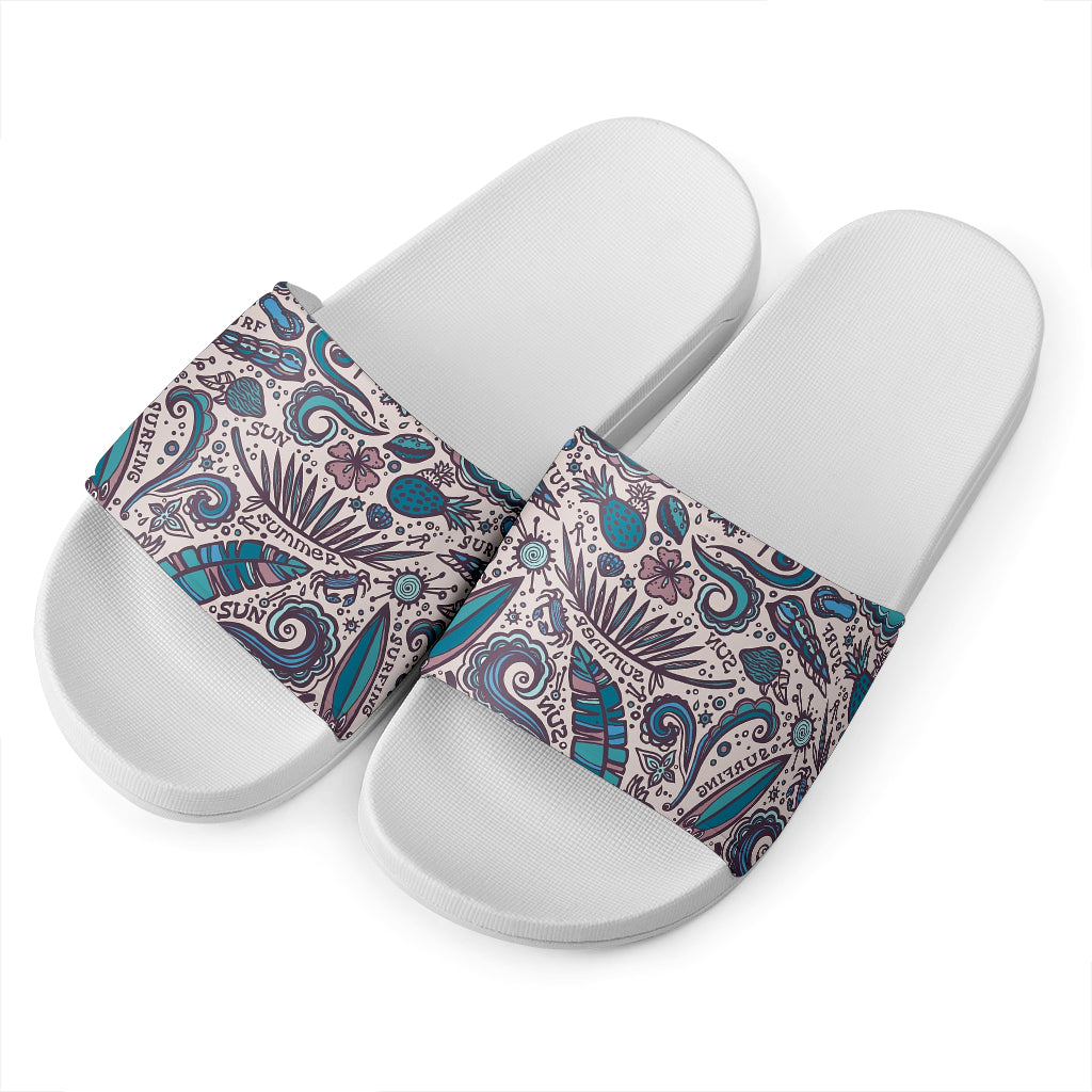 Summer Surfing Pattern Print White Slide Sandals