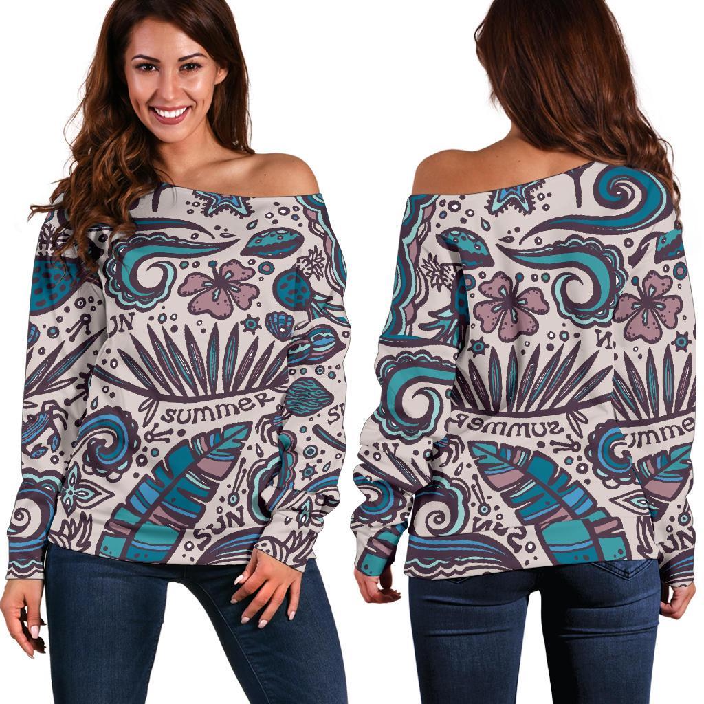 Summer Surfing Pattern Print Women's Off-Shoulder Sweatshirt