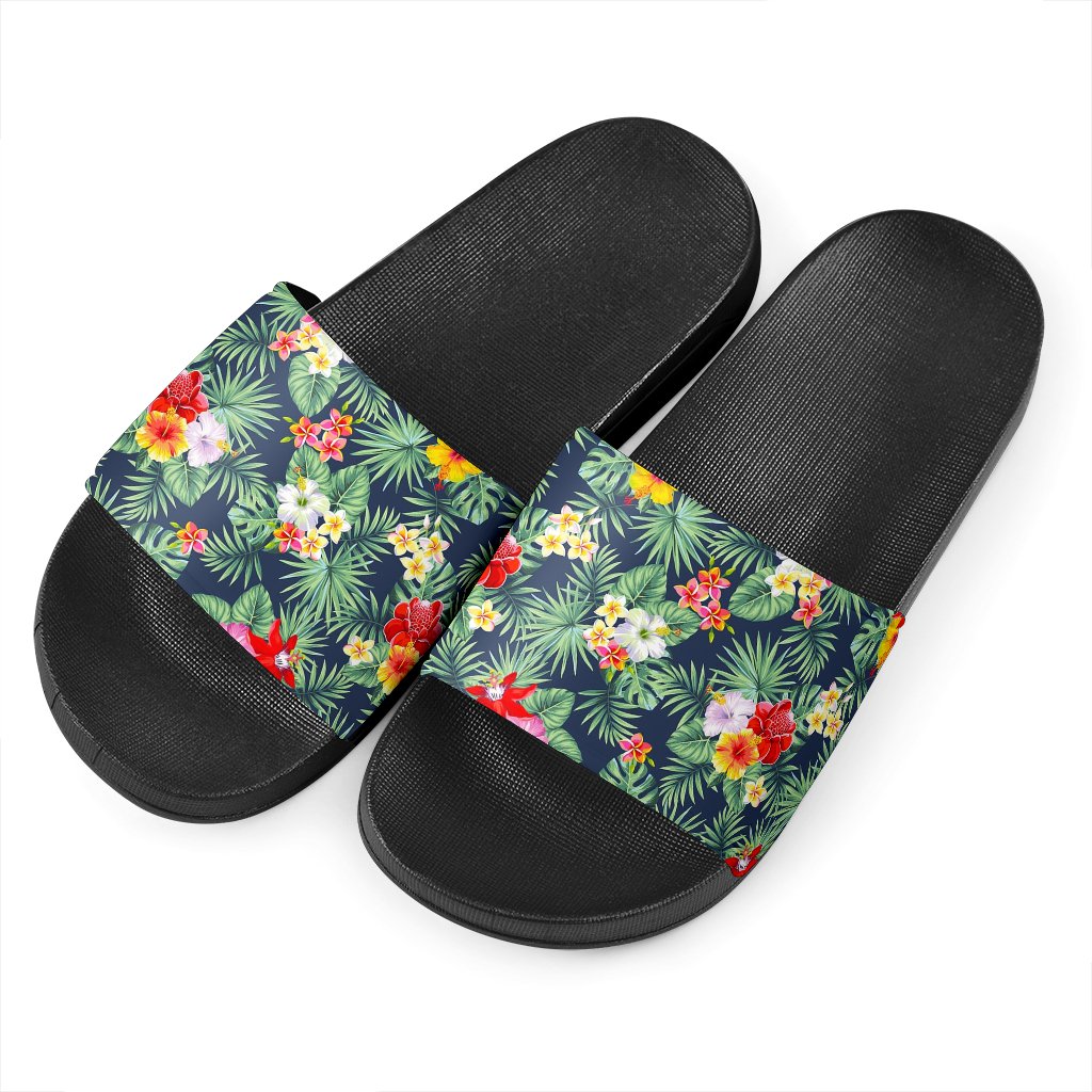 Summer Tropical Hawaii Pattern Print Black Slide Sandals