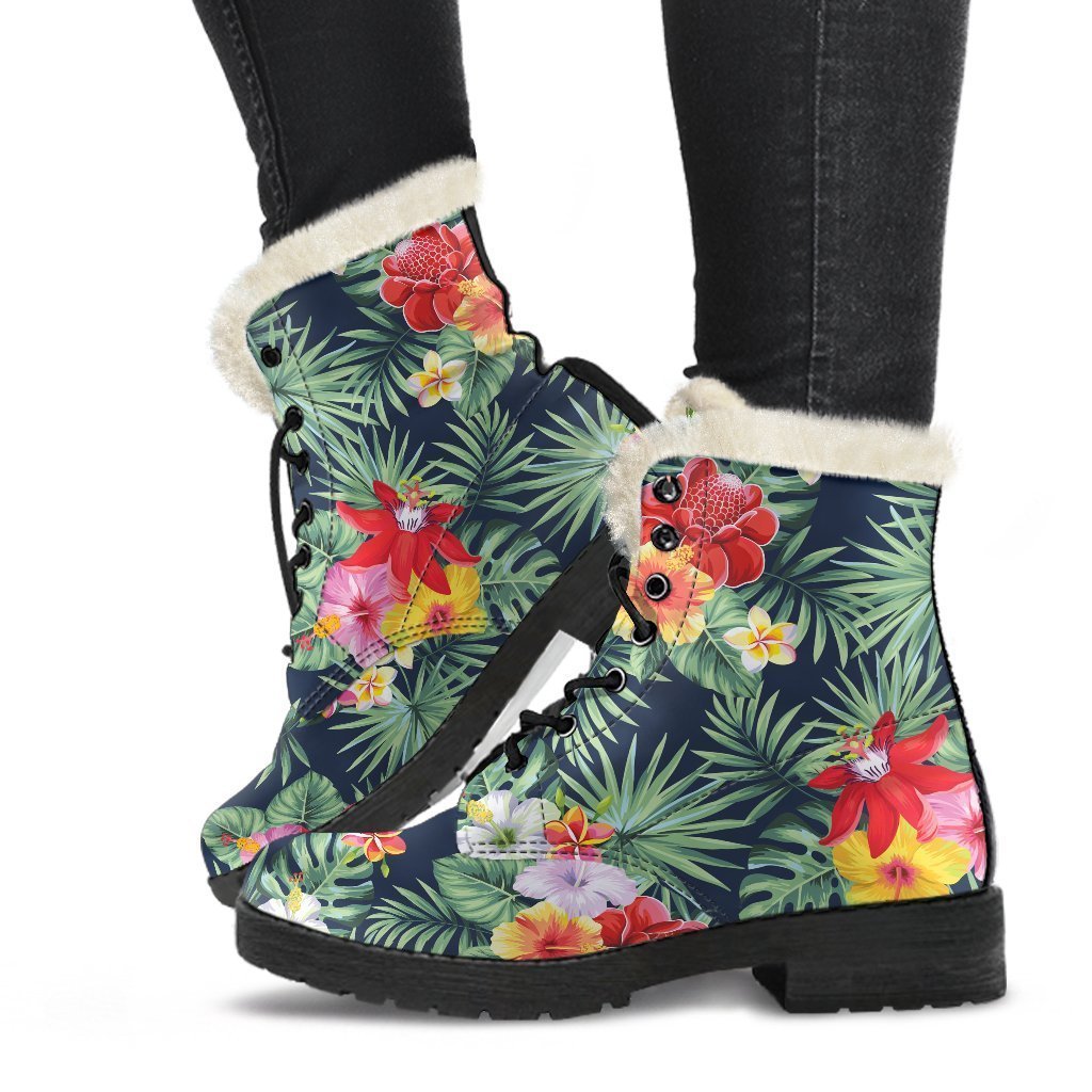 Summer Tropical Hawaii Pattern Print Faux Fur Leather Boots