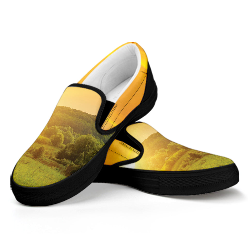 Sunrise Field Print Black Slip On Shoes