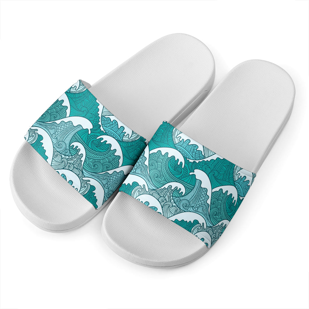 Surfing Wave Pattern Print White Slide Sandals