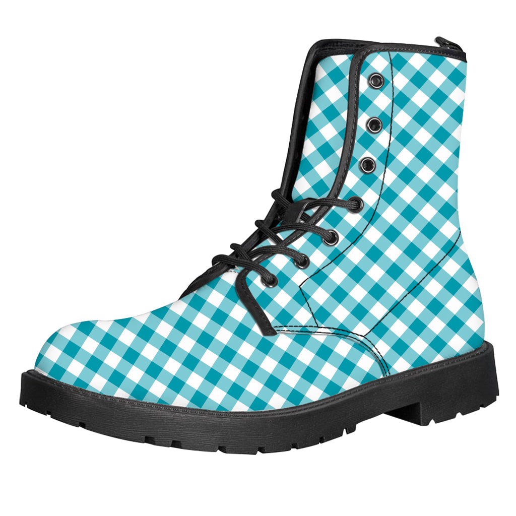 Teal And White Gingham Pattern Print Leather Boots