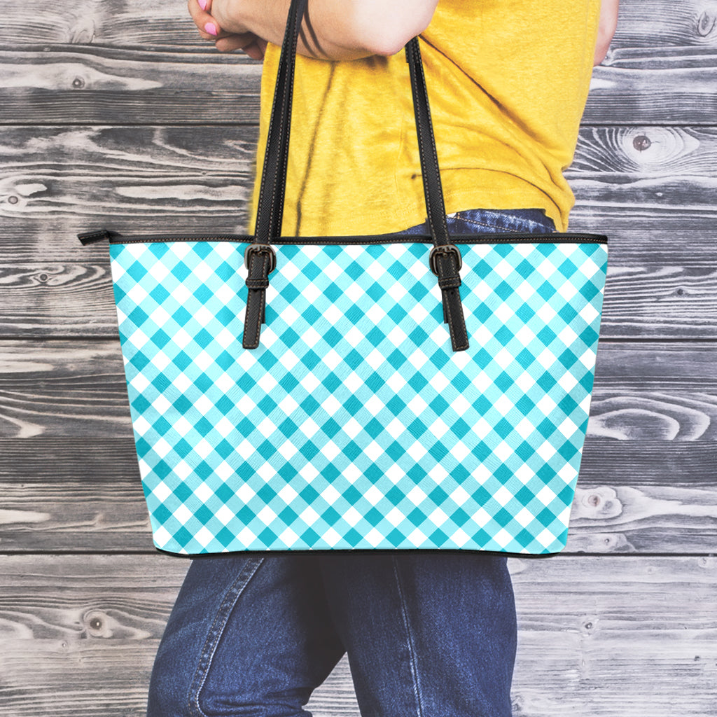 Teal And White Gingham Pattern Print Leather Tote Bag
