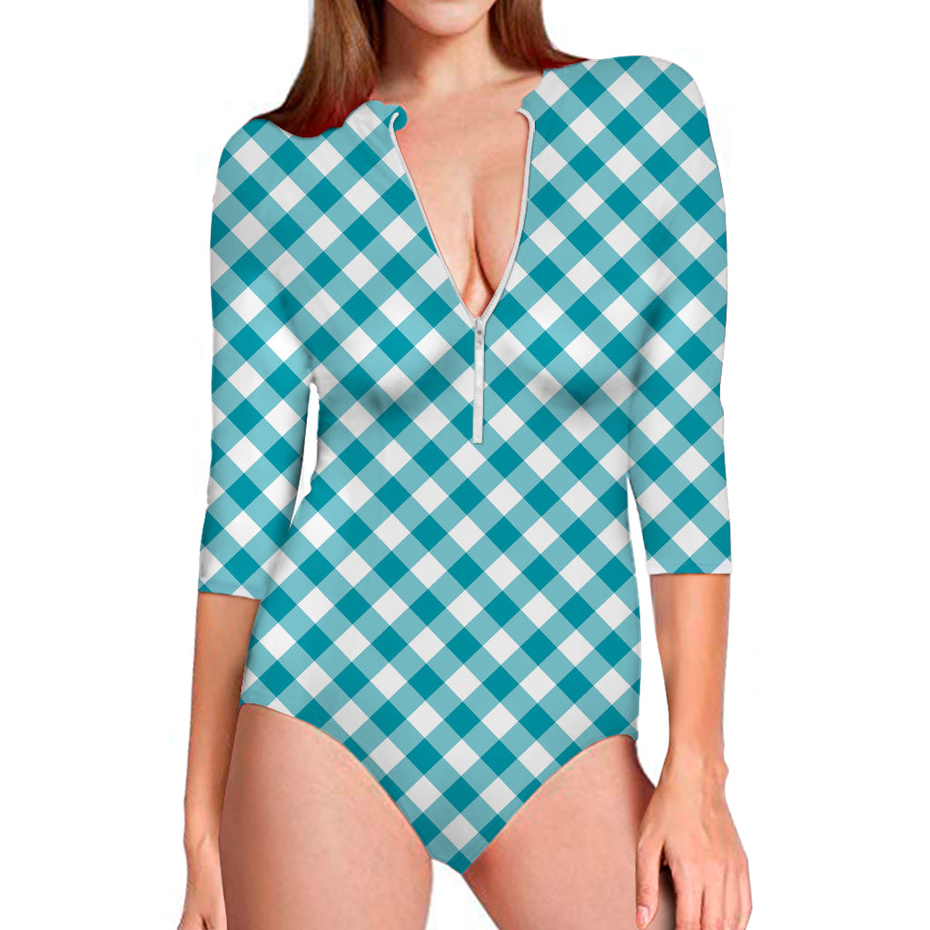 Teal And White Gingham Pattern Print Long Sleeve One Piece Swimsuit